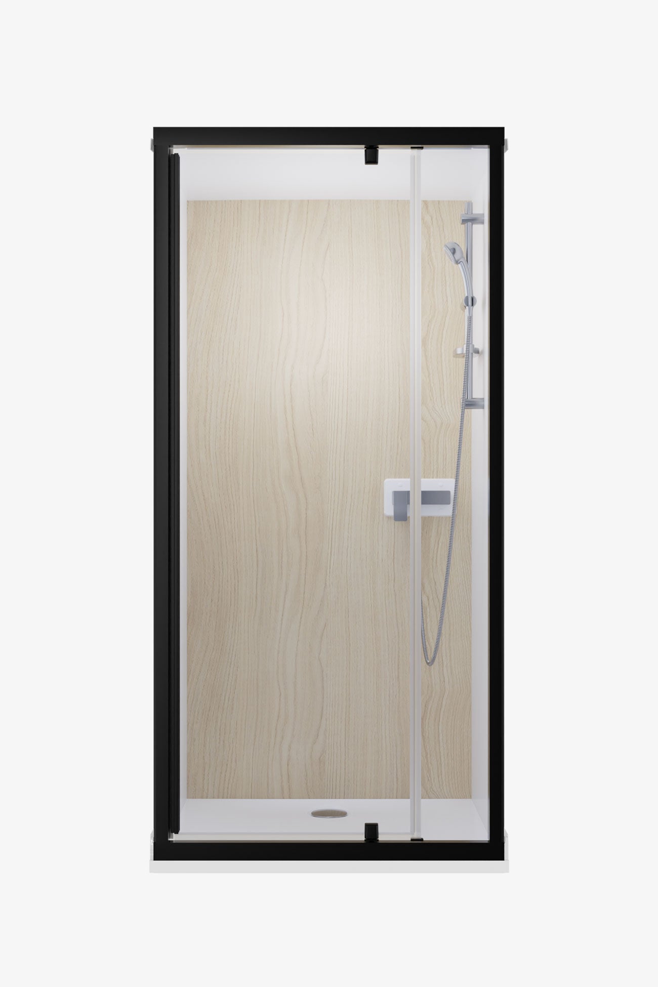 Cabine de douche encastrable avec paroi décor bois, porte pivotante et robinetterie chromée avec douchette et barre