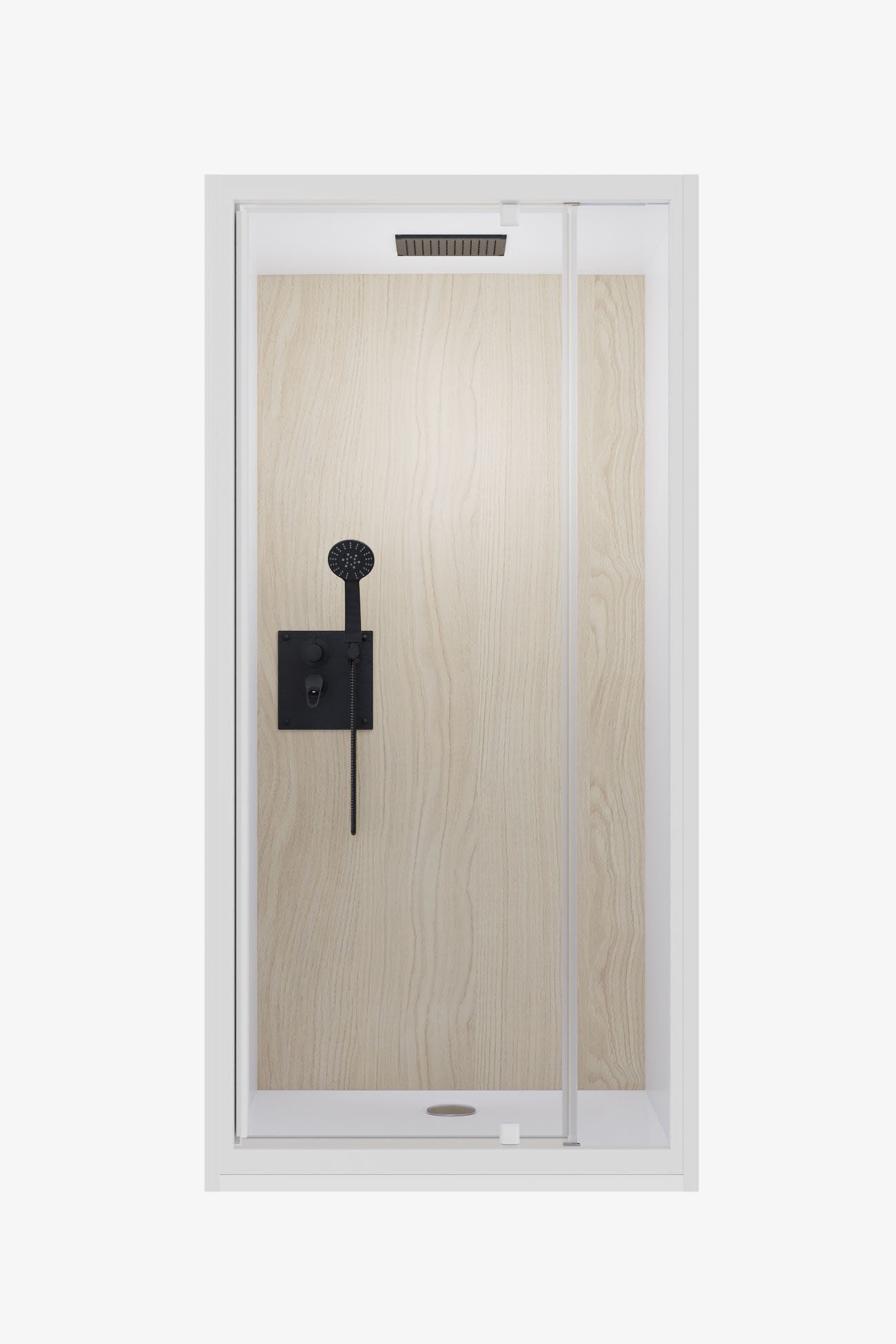 Cabine de douche encastrable avec paroi décor bois clair, cadre blanc mat, ciel de pluie intégré et robinetterie noire