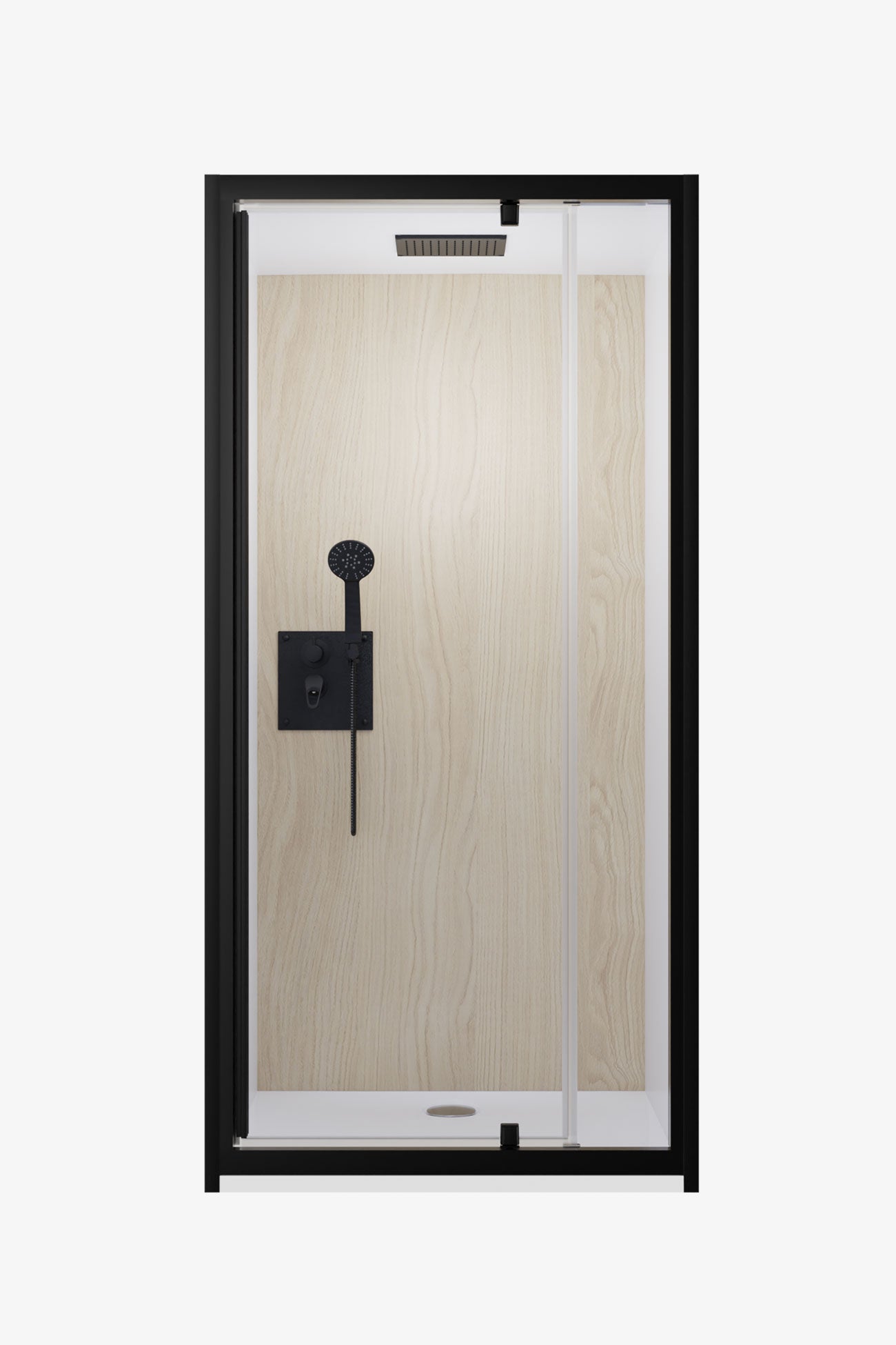 Cabine de douche encastrable avec paroi décor effet bois clair, cadre noir mat, ciel de pluie intégré et robinetterie noire