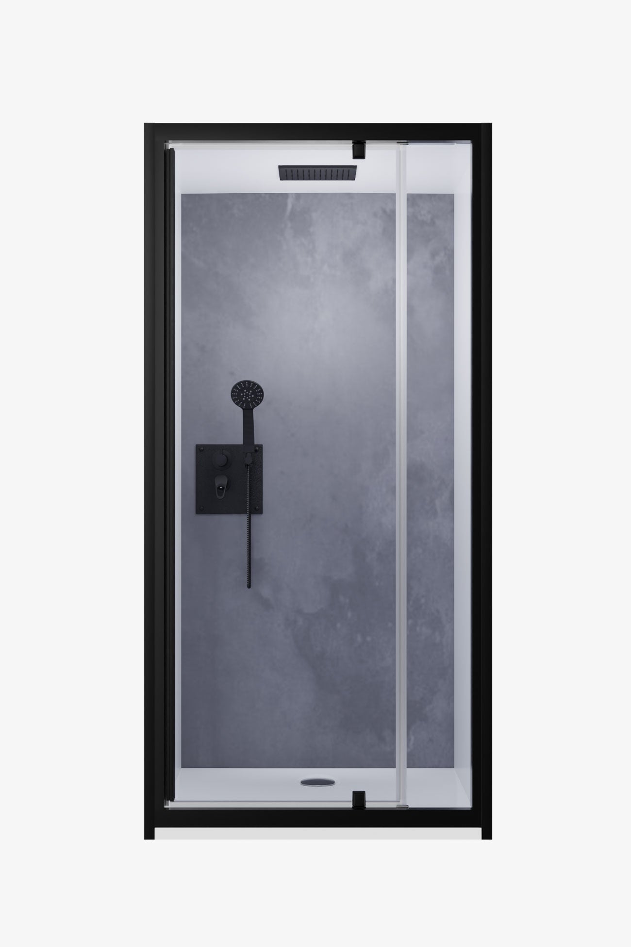 Cabine de douche encastrable avec paroi décor effet ardoise gris, cadre noir mat, ciel de pluie intégré et robinetterie noire