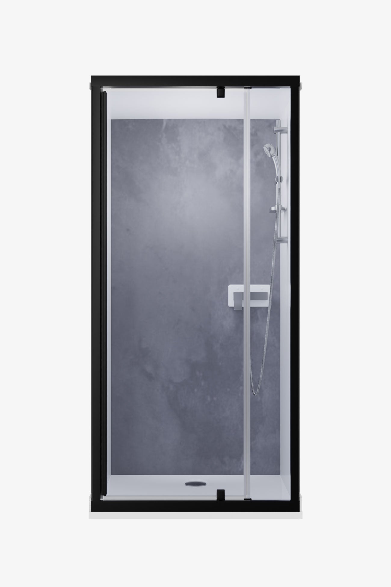 Cabine de douche encastrable avec paroi décor gris, porte pivotante  cadre noir et robinetterie chromée avec douchette et barre