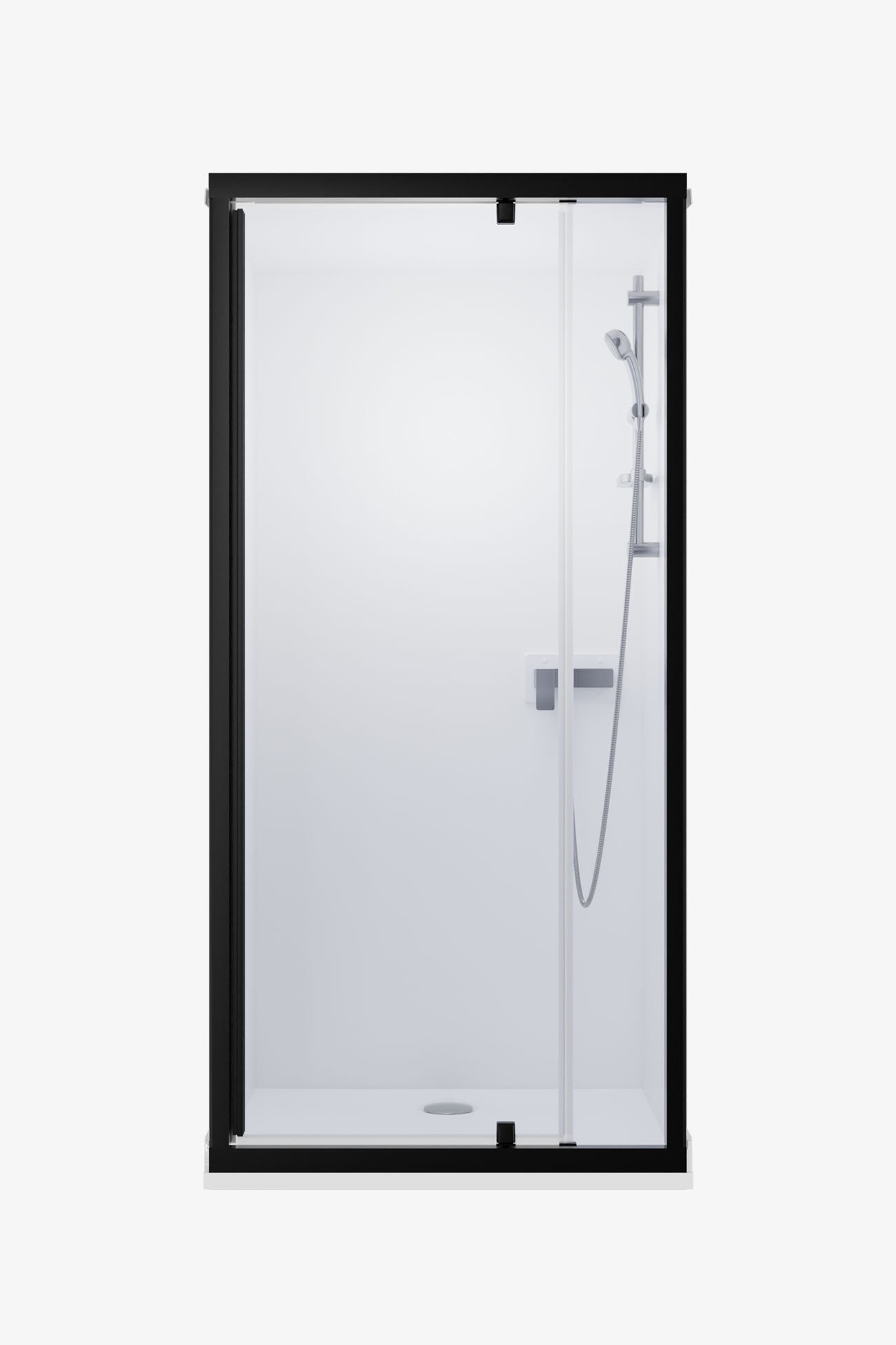 Cabine de douche encastrable avec paroi décor blanc brillant, porte pivotante noire et robinetterie chromée avec douchette et barre