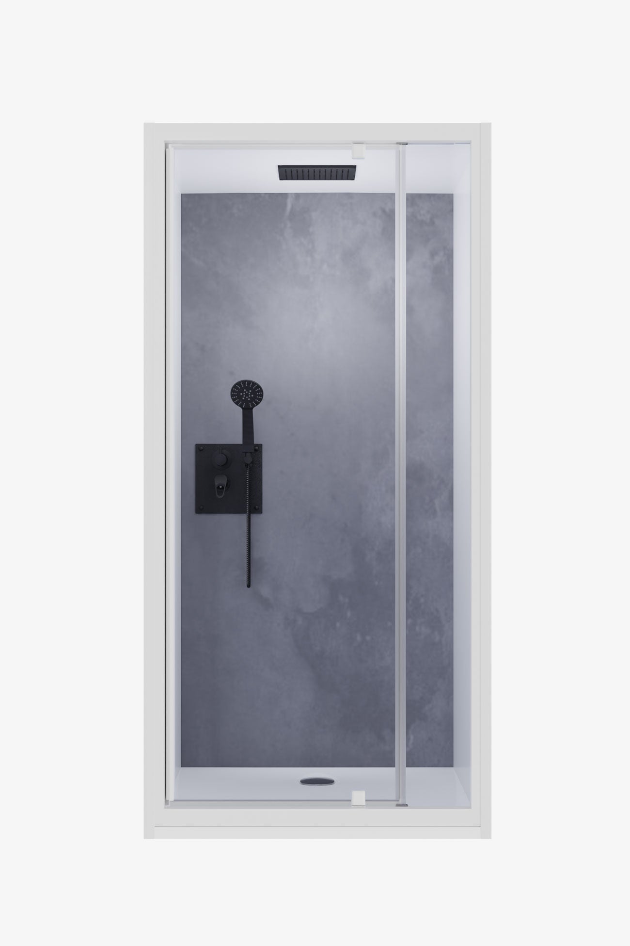 Cabine de douche encastrable avec paroi décor effet béton gris, cadre blanc mat, ciel de pluie intégré et robinetterie noire