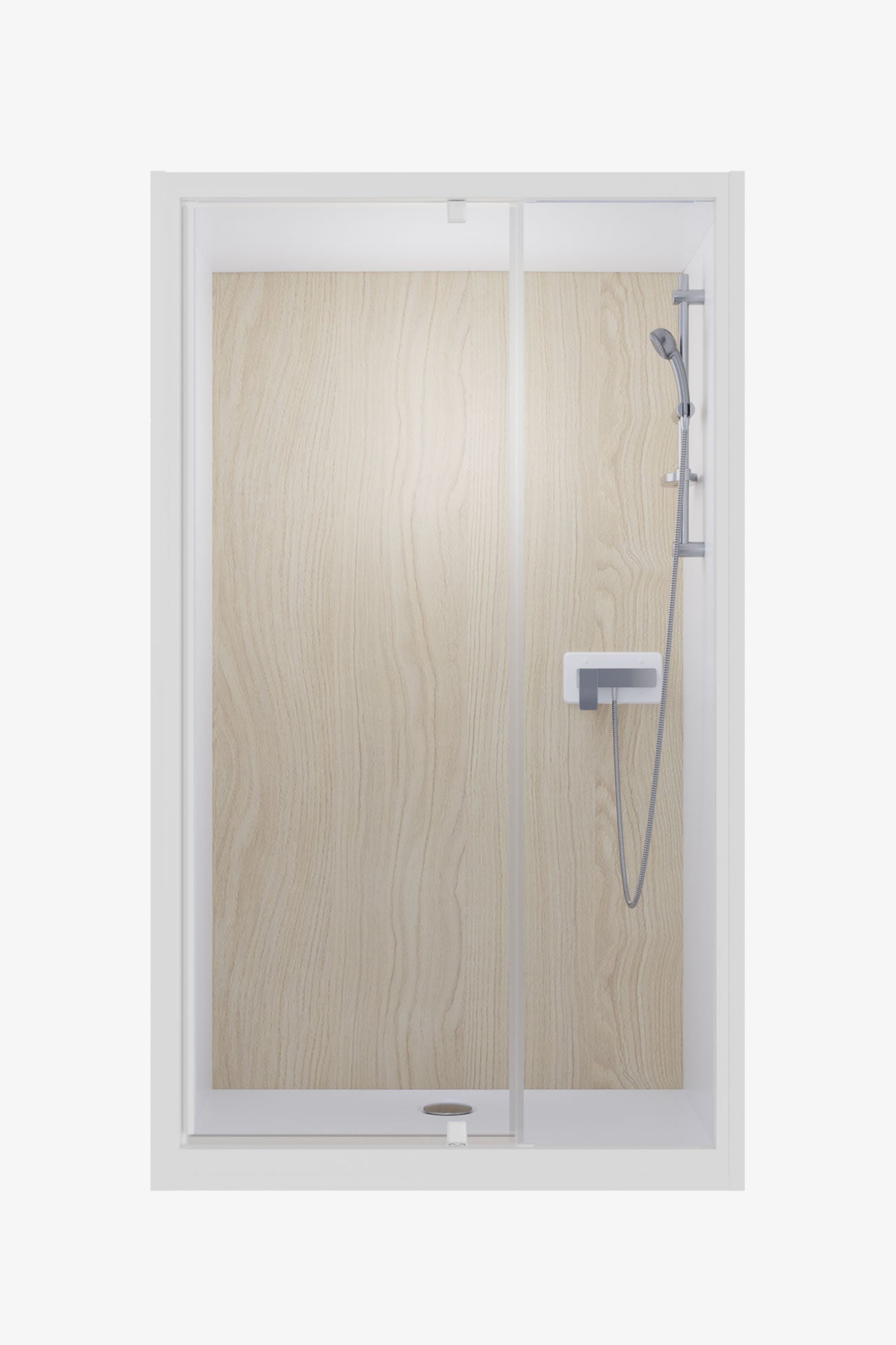 Cabine de douche encastrable avec paroi décor bois clair, porte pivotante et robinetterie chromée avec douchette et barre