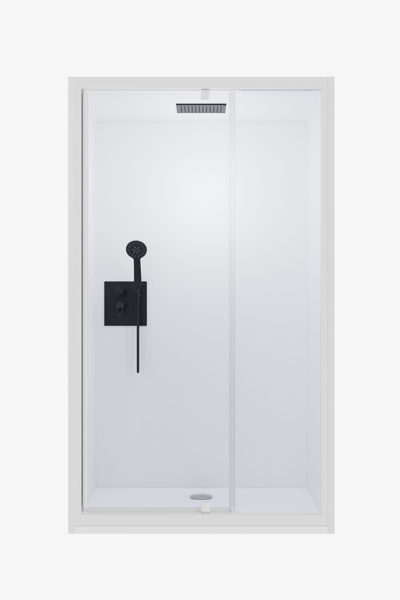 Cabine de douche encastrable avec paroi blanche, ciel de pluie intégré et robinetterie noire mate