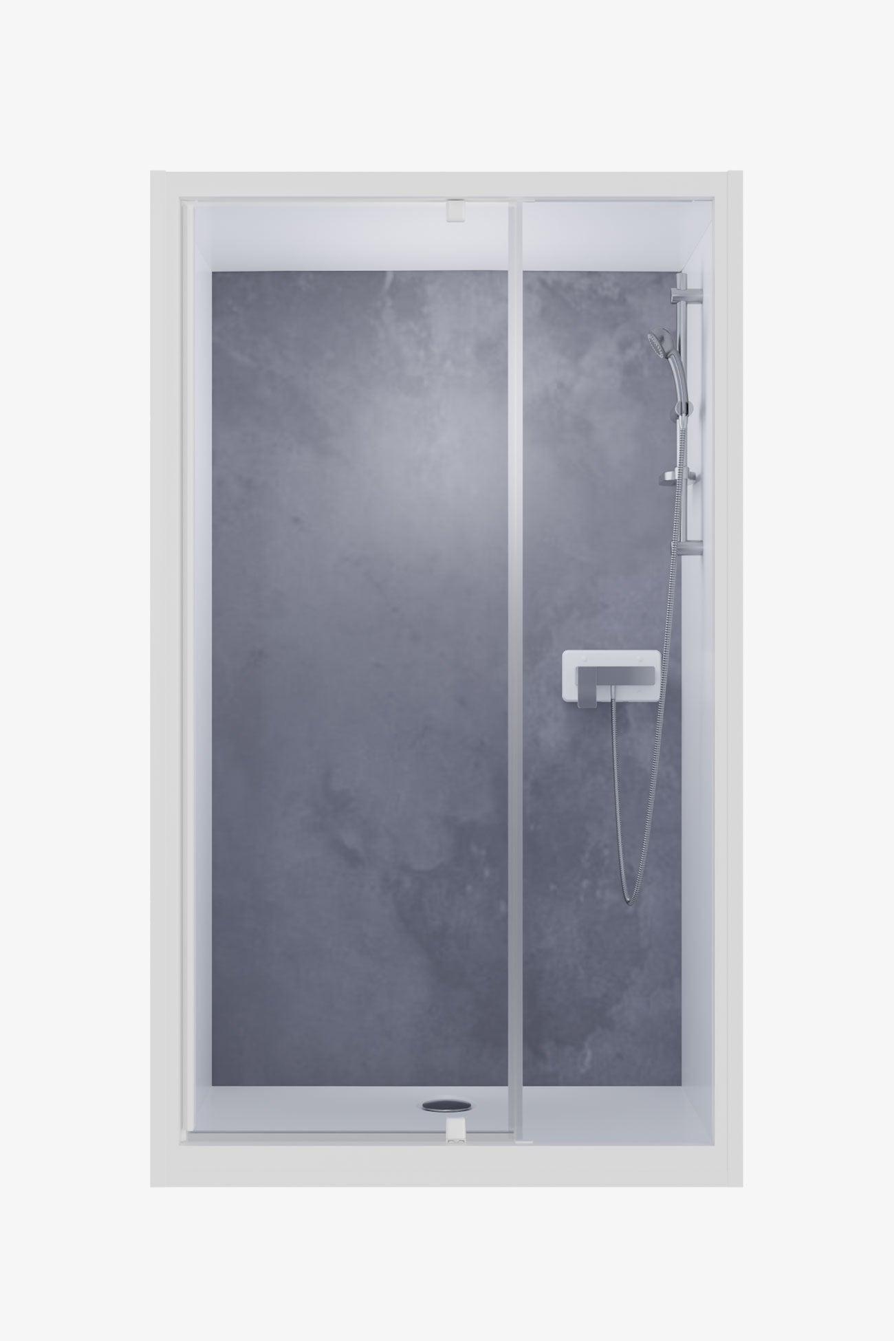 Cabine de douche encastrable avec paroi décor effet béton gris, porte pivotante et robinetterie chromée avec douchette et barre