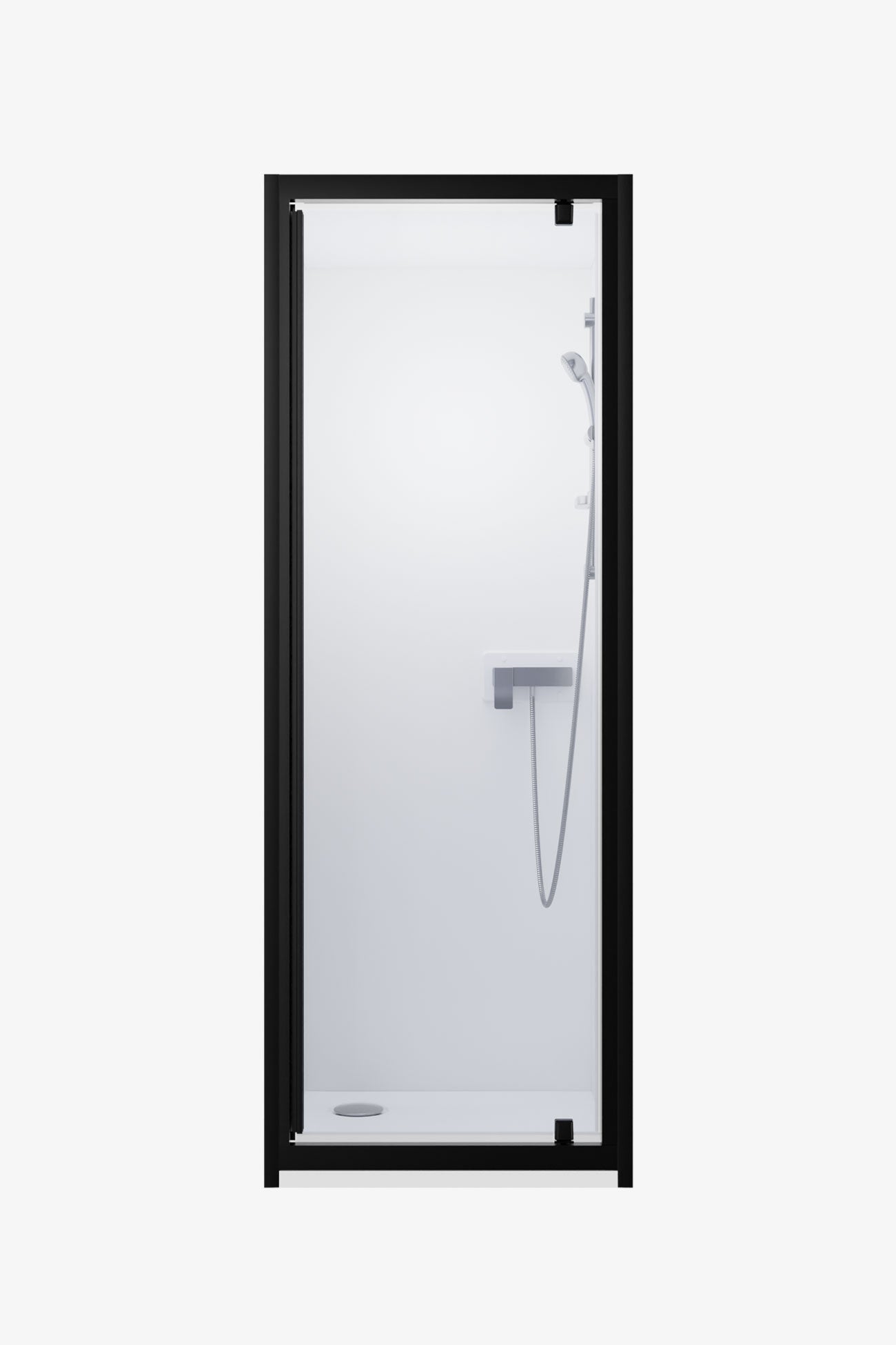 Cabine de douche encastrable avec paroi blanche, porte pivotante noire et robinetterie chromée avec douchette et barre